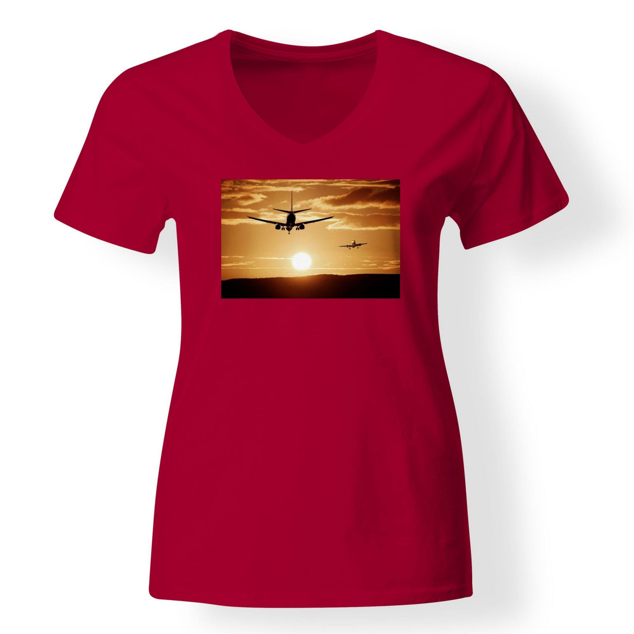 Two Aeroplanes During Sunset Designed V-Neck T-Shirts