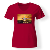 Thumbnail for Amazing Departing Aircraft Sunset & Clouds Behind Designed V-Neck T-Shirts