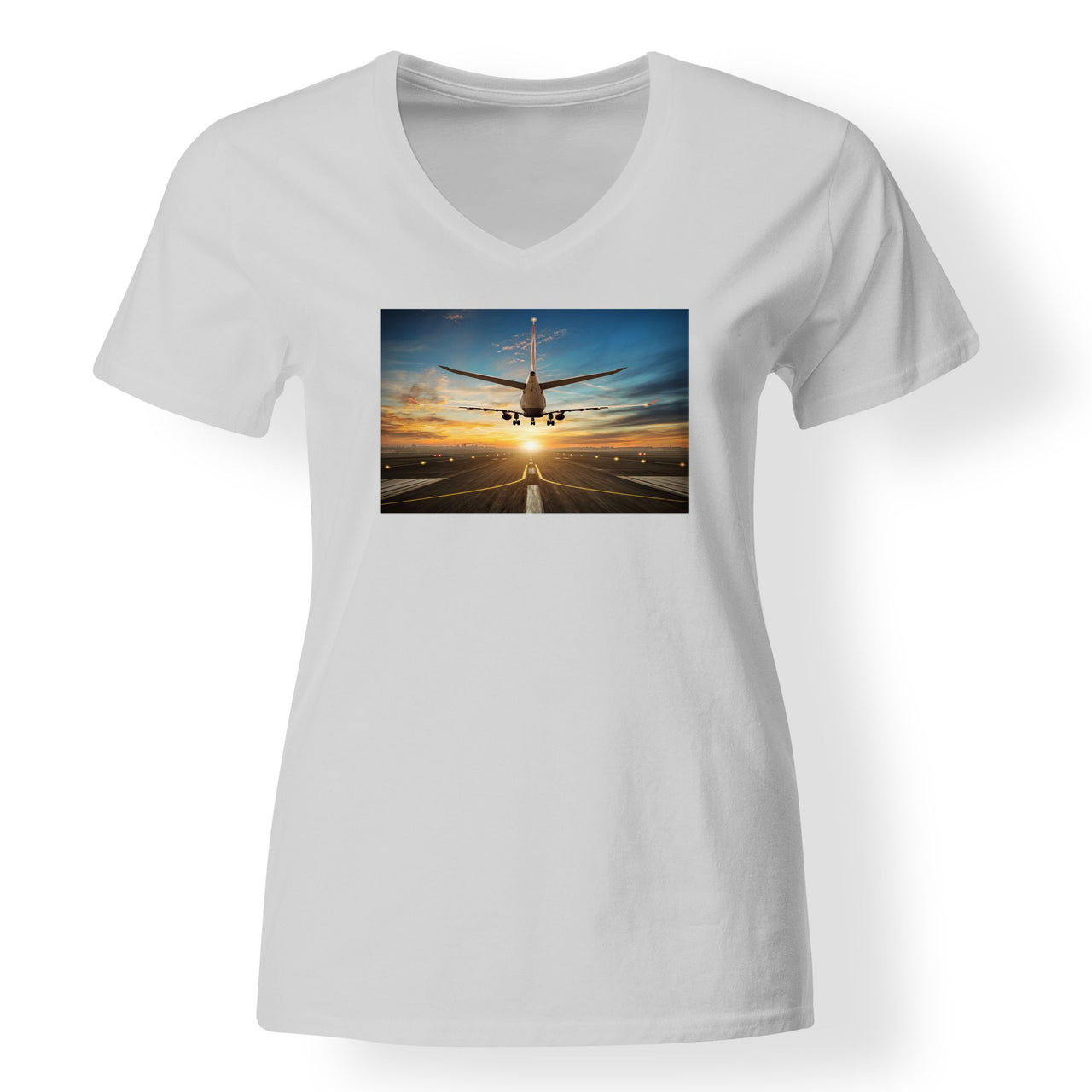 Airplane over Runway Towards the Sunrise Designed V-Neck T-Shirts