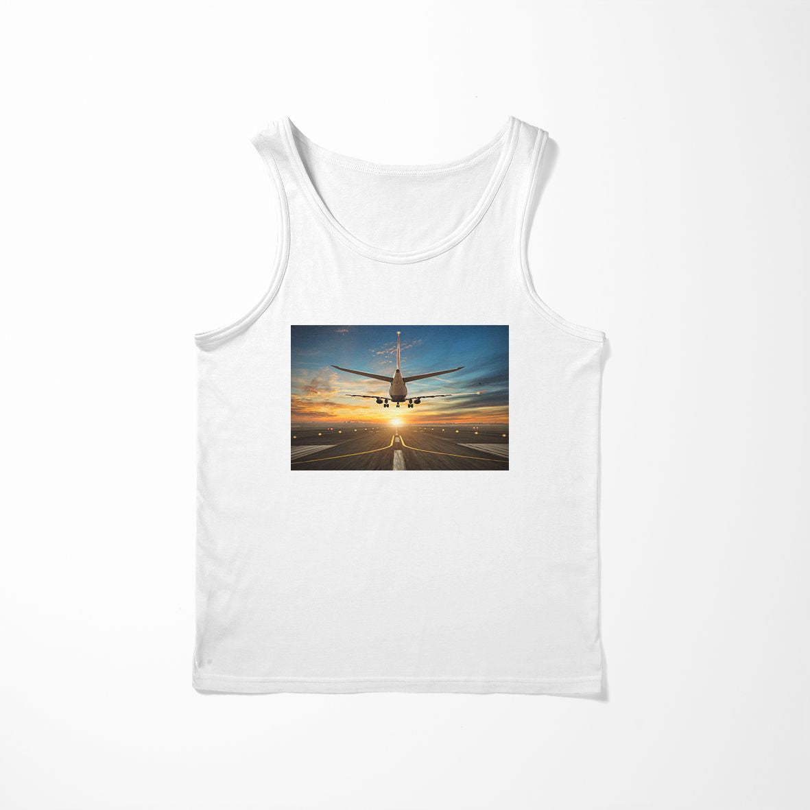 Airplane over Runway Towards the Sunrise Designed Tank Tops