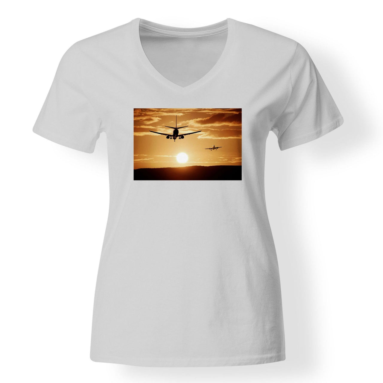 Two Aeroplanes During Sunset Designed V-Neck T-Shirts