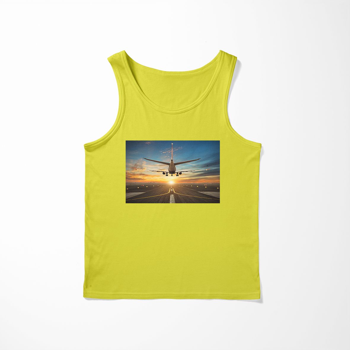 Airplane over Runway Towards the Sunrise Designed Tank Tops