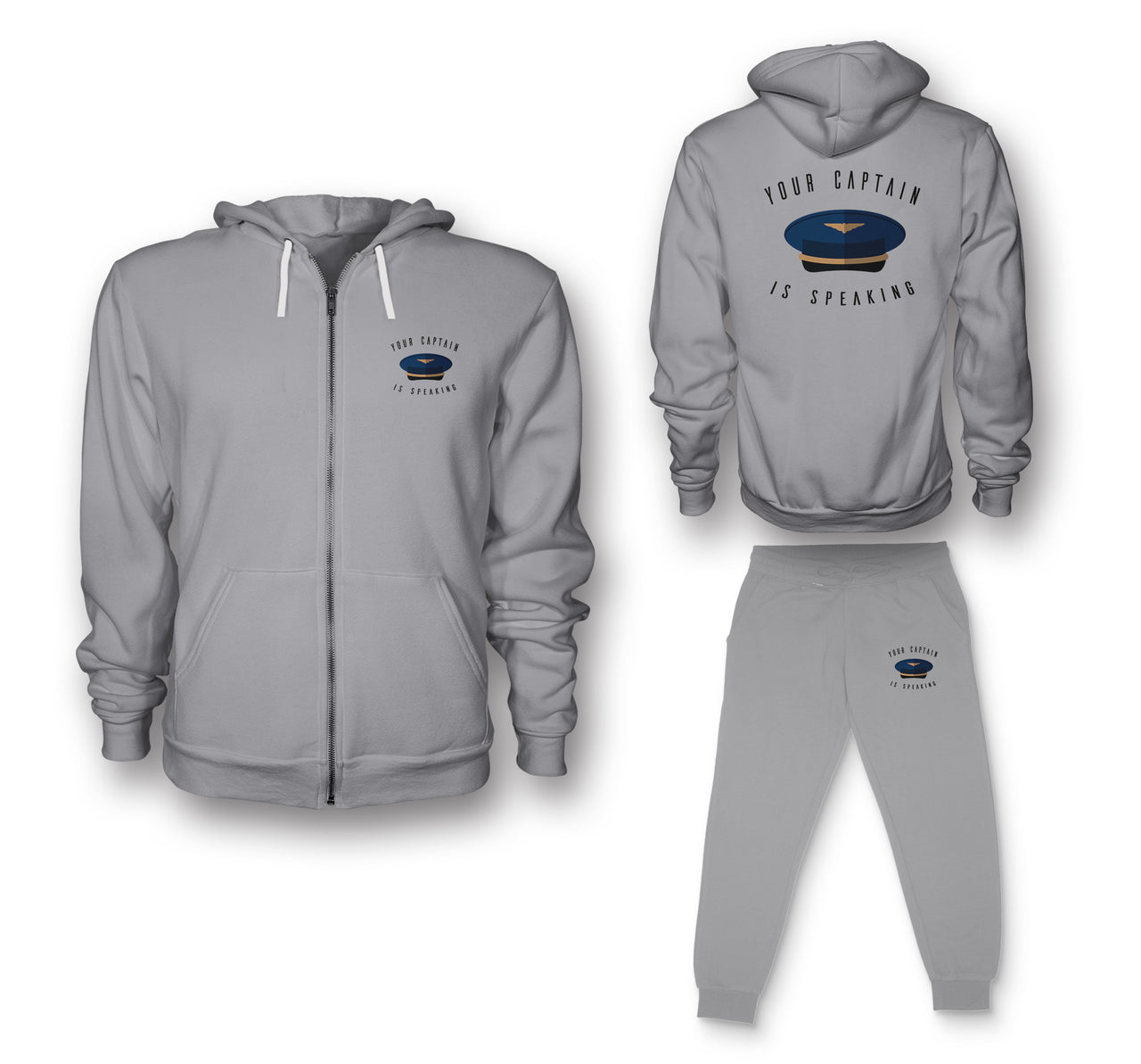 Your Captain Is Speaking Designed Zipped Hoodies & Sweatpants Set