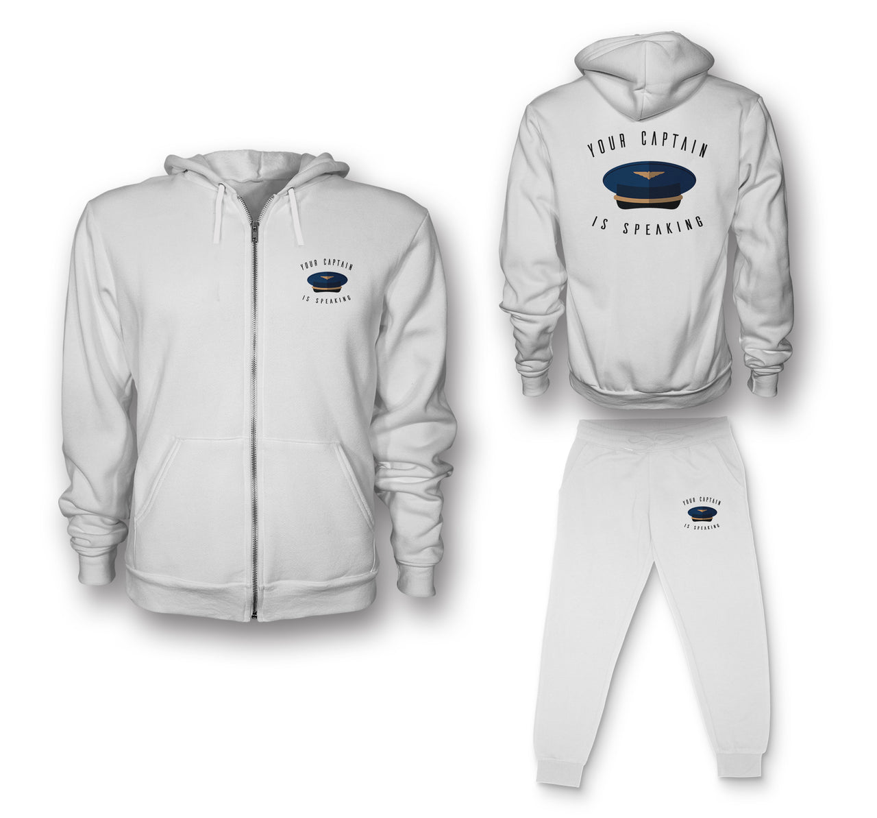 Your Captain Is Speaking Designed Zipped Hoodies & Sweatpants Set