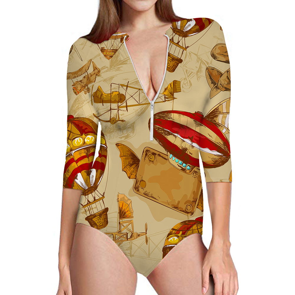 Graphical Travel Designed Deep V Swim Bodysuits